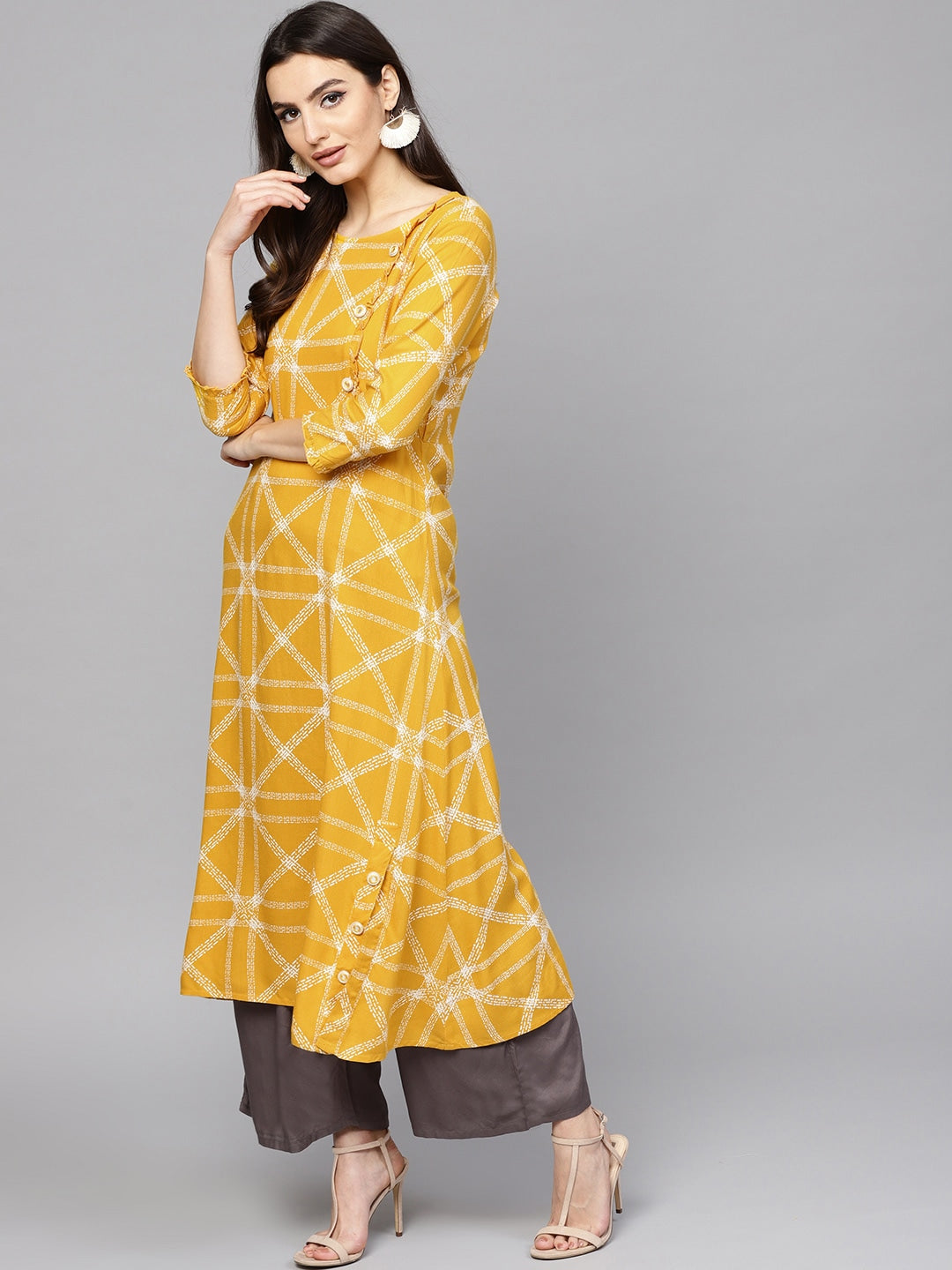 Yellow & White A-Line Kurta-Yufta Store-DBNKU1669S