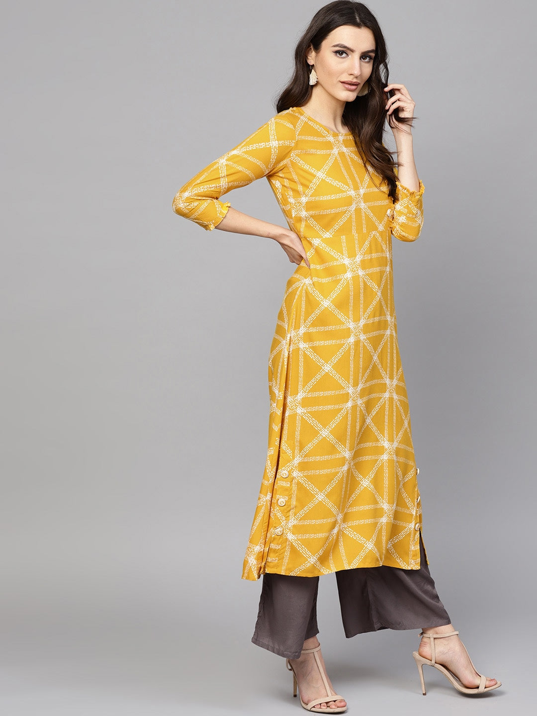 Yellow & White A-Line Kurta-Yufta Store-DBNKU1669S