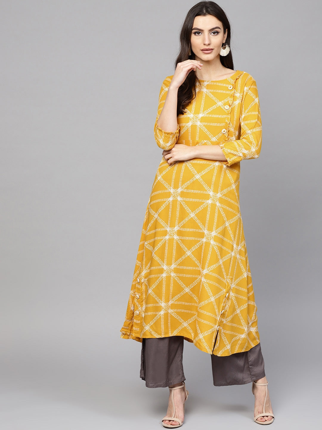 Yellow & White A-Line Kurta-Yufta Store-DBNKU1669S