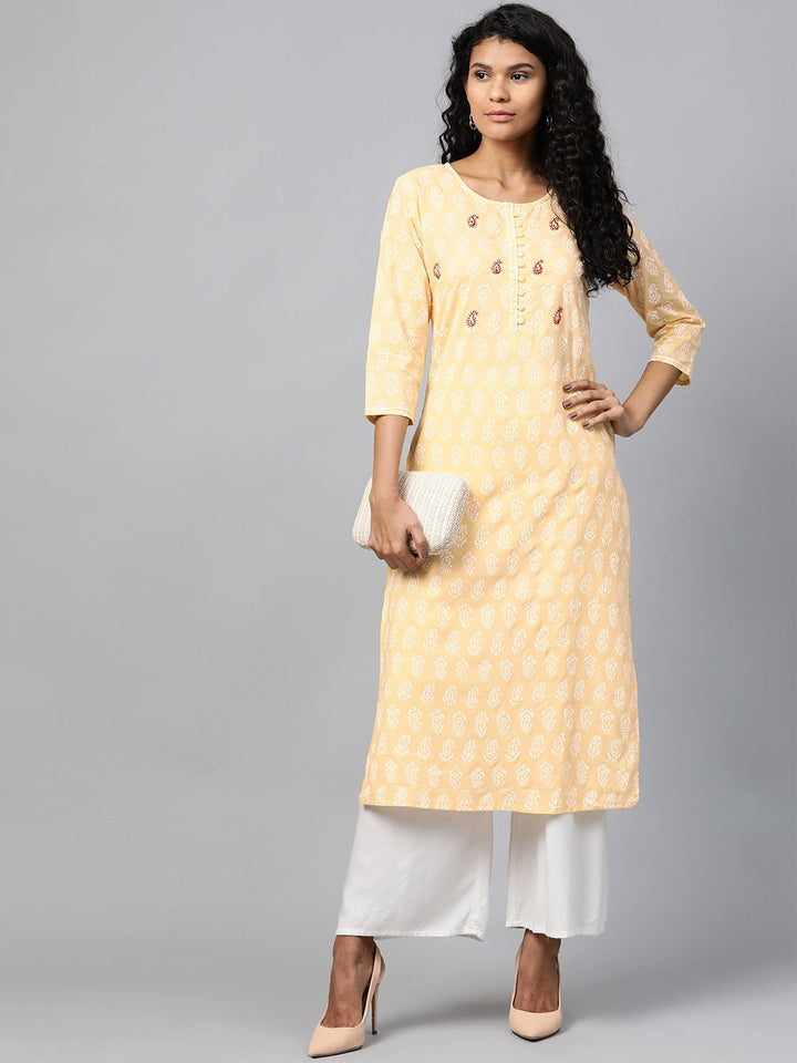 Yellow & White Straight Kurta-Yufta Store-7294KURYLS