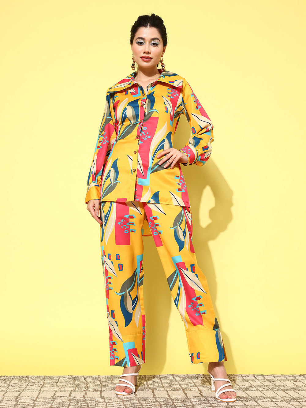 Yellow and Pink Printed Satin Shirt with Trousers Co-Ords