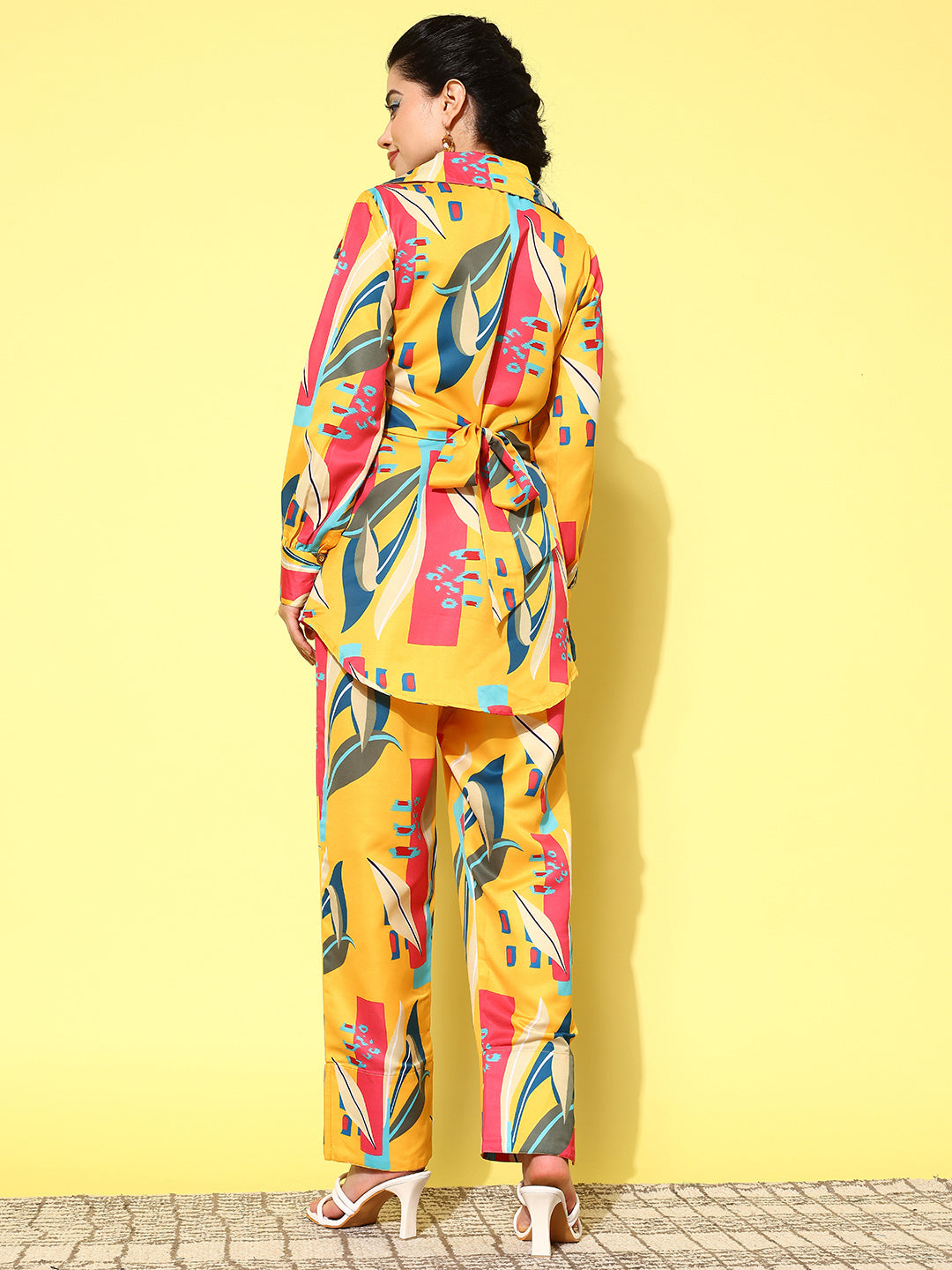 Yellow and Pink Printed Satin Co-Ords-Yufta Store-1433CRDYLS