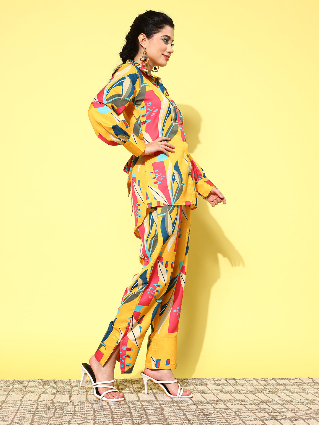 Yellow and Pink Printed Satin Co-Ords-Yufta Store-1433CRDYLS