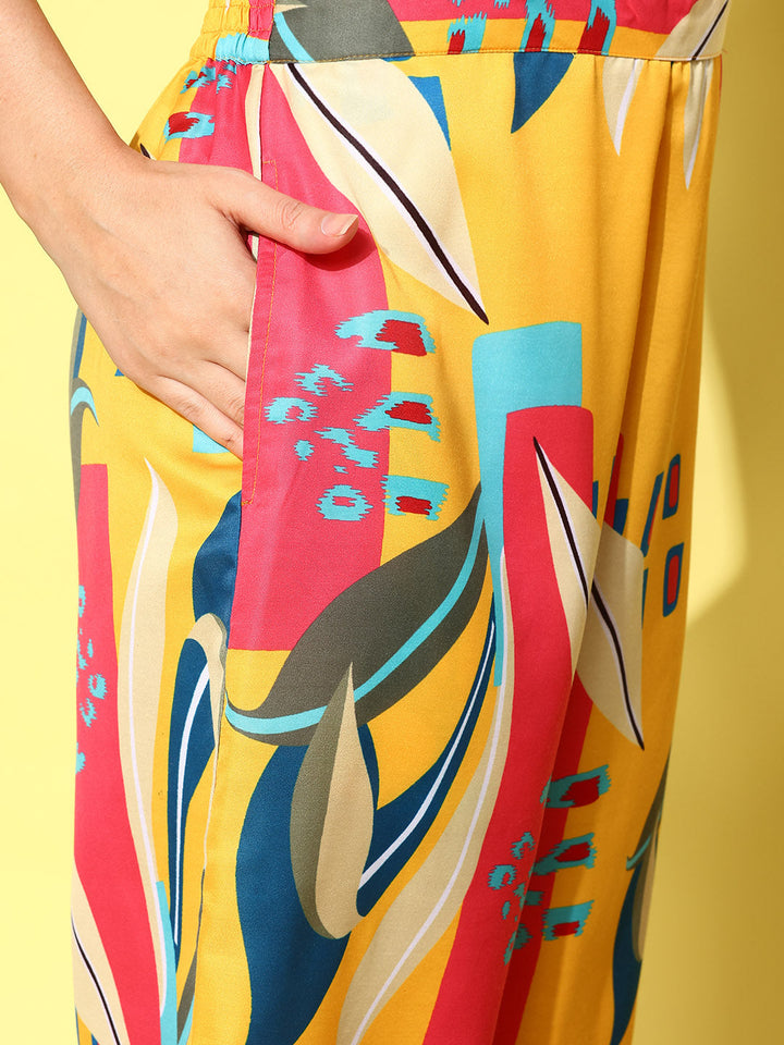 Yellow and Pink Printed Satin Co-Ords-Yufta Store-1433CRDYLS