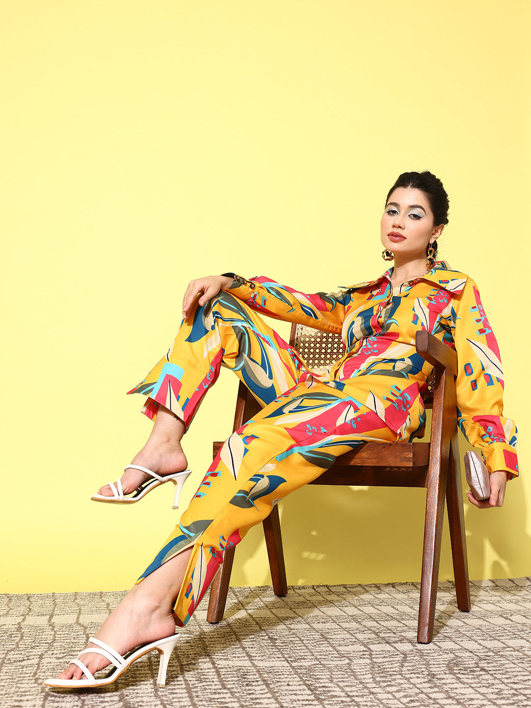 Yellow and Pink Printed Satin Shirt with Trousers Co-Ords