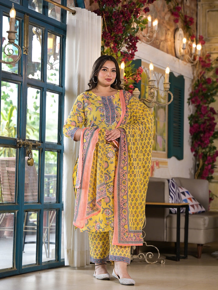 Yellow printed Plus size kurta with Trouser & Dupatta Set-Yufta Store-3903PSKDYL3XL