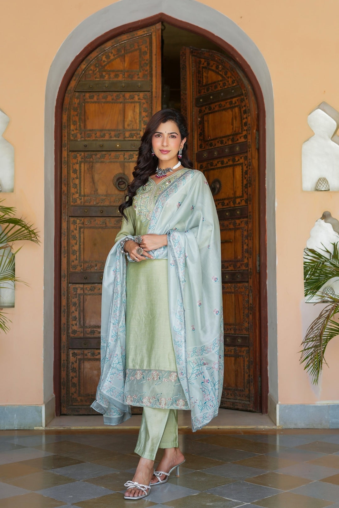 Yoke Design Silk Dupatta Set