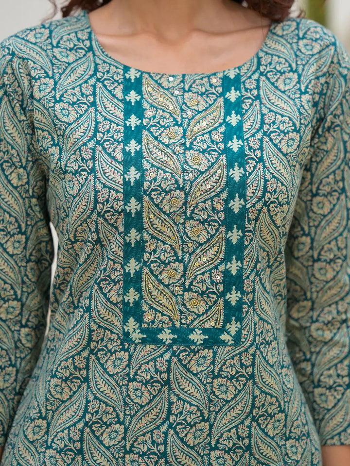 Yufta Embroidered Printed Teal Green Cotton Kurta Set With Dupatta Set-Yufta Store-6880SKDTGS
