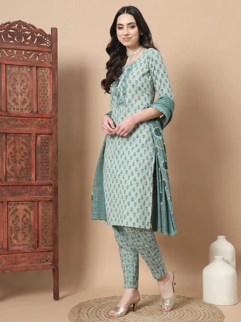 Yufta Green Block Print,Thread_Work Straight Kurta Trouser And Dupatta Set