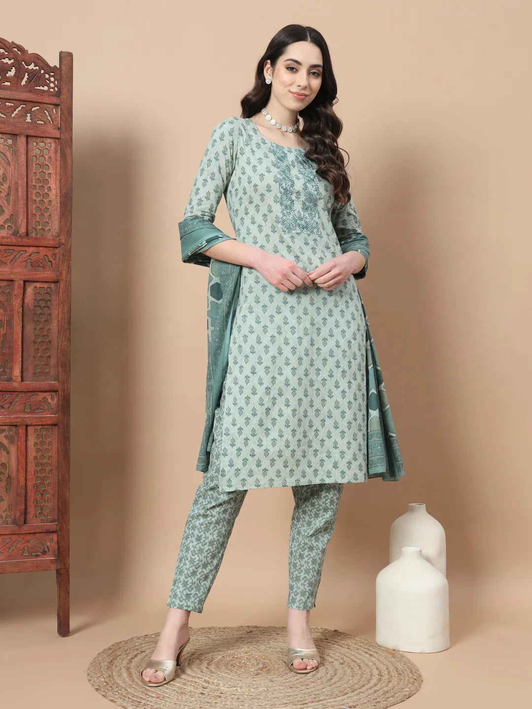 Yufta Green Block Print,Thread_Work Straight Kurta Trouser And Dupatta Set