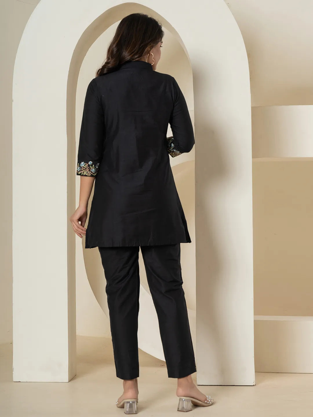 black thread_work shirt and trouser polyester co-ord setoffline_sku-64-Yufta Store-A193CRDBK