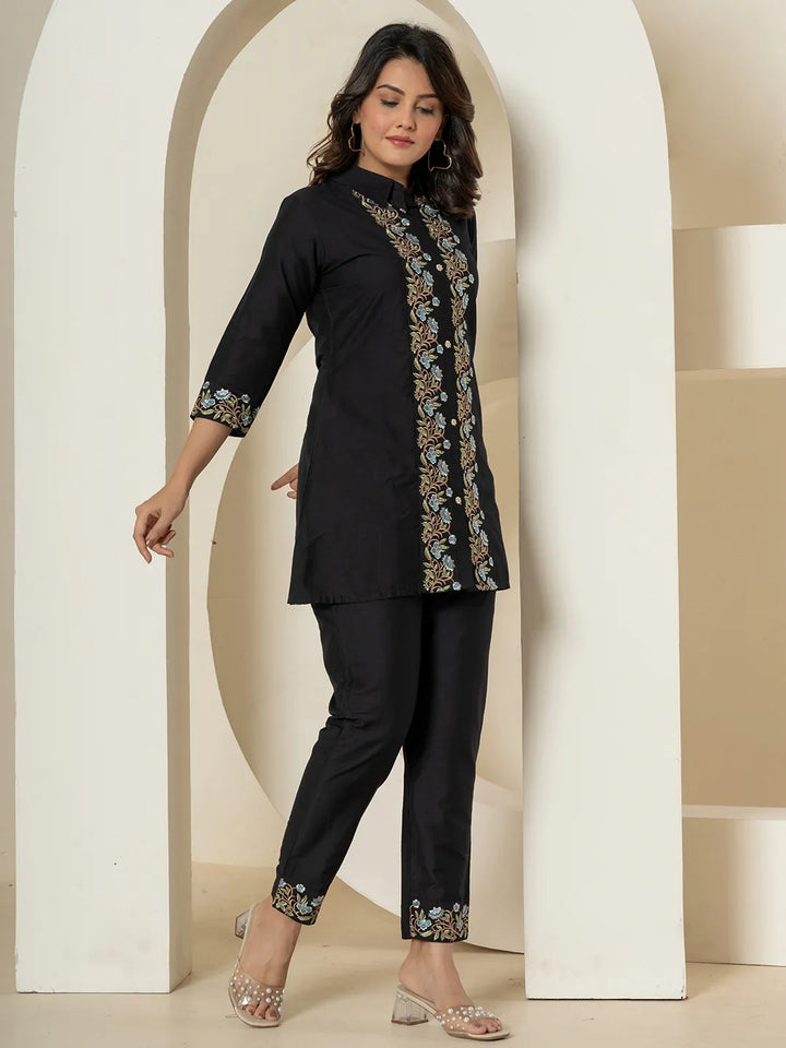 black thread_work shirt and trouser polyester co-ord setoffline_sku-64-Yufta Store-A193CRDBK