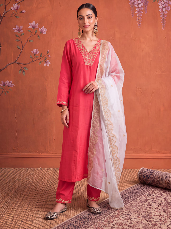 Fuchsia Silk Embroidered Kurta Dupatta Set