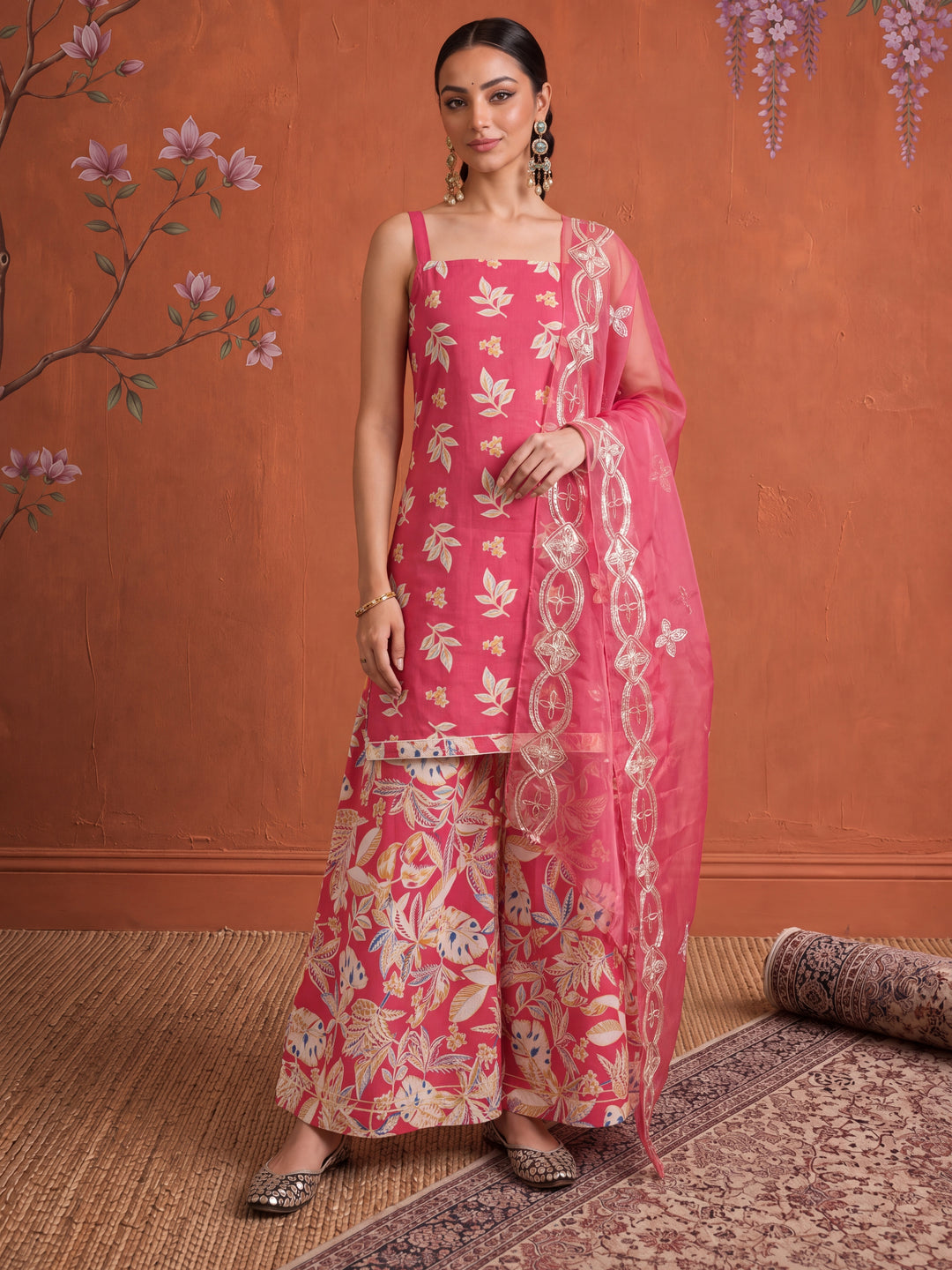 Pink Cotton Sleeveless Kurta Palazoo Dupatta Set