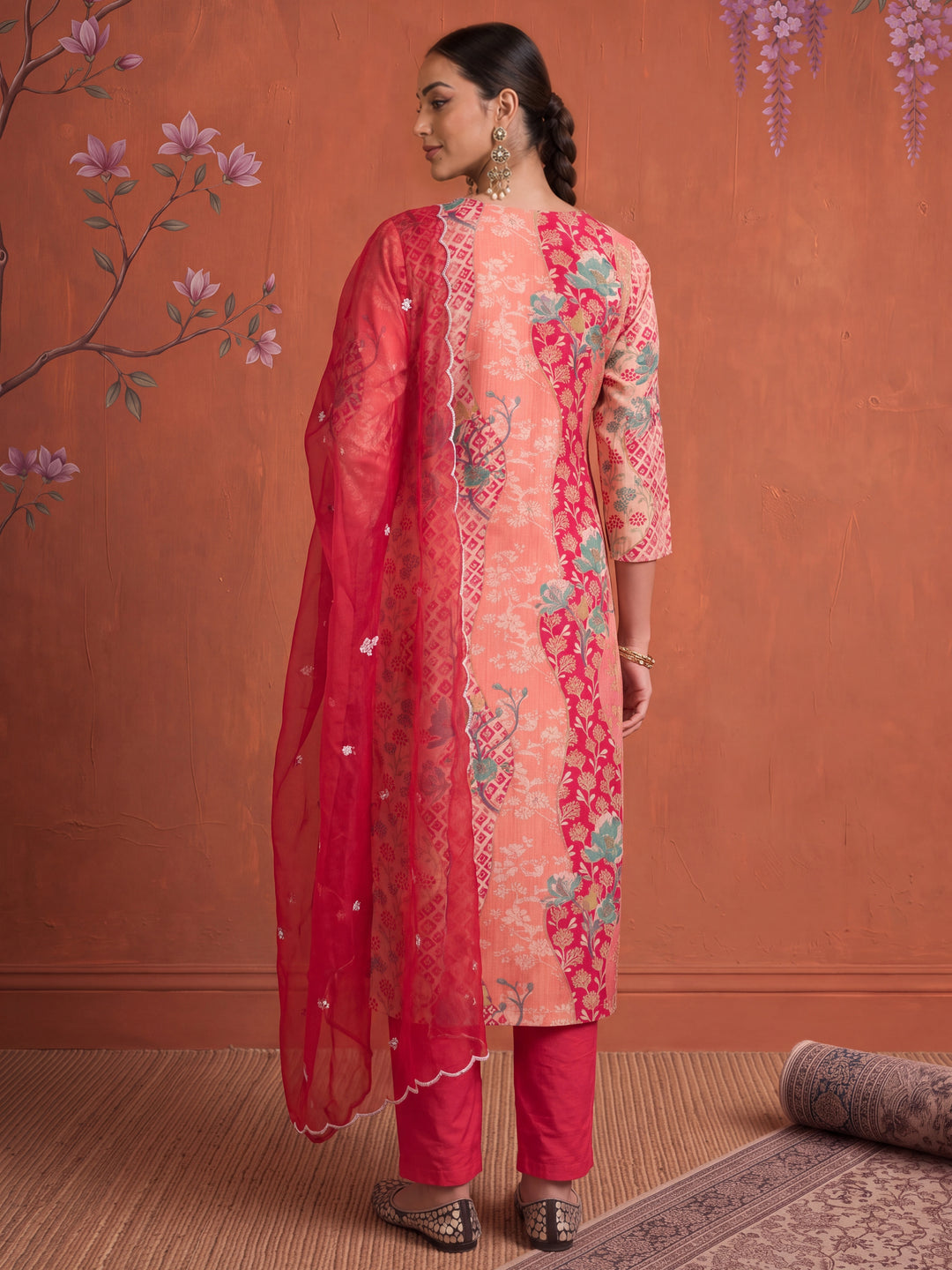 Silk Peach Kurta Dupatta Pant Set