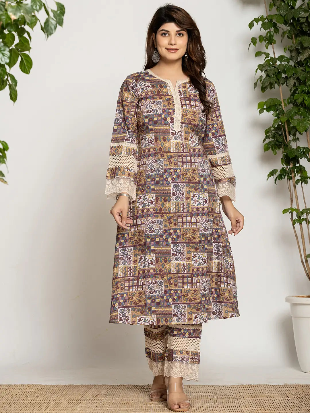 Beige Ethnic Motifs A-Line Kurta Pant Set-Yufta Store-6064SETBGS