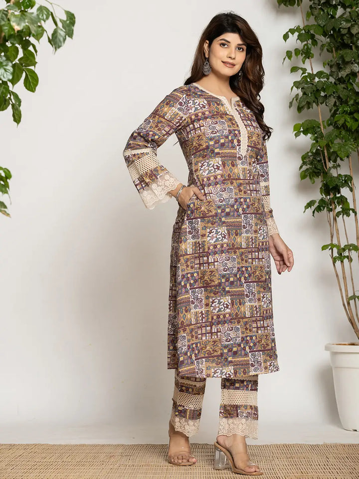 Beige Ethnic Motifs A-Line Kurta Pant Set-Yufta Store-6064SETBGS