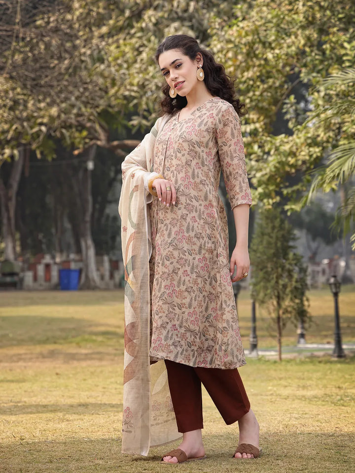 Beige Floral linen A Line Have A Lining Kurta Trouser Dupatta Set