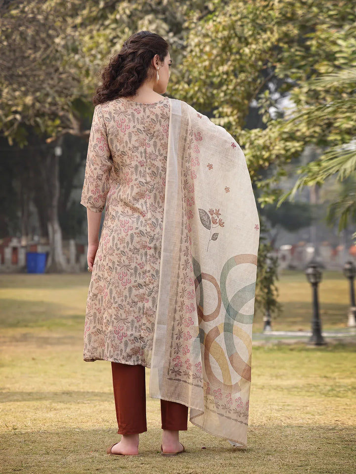 Beige Floral linen A Line Have A Lining Kurta Trouser Dupatta Set