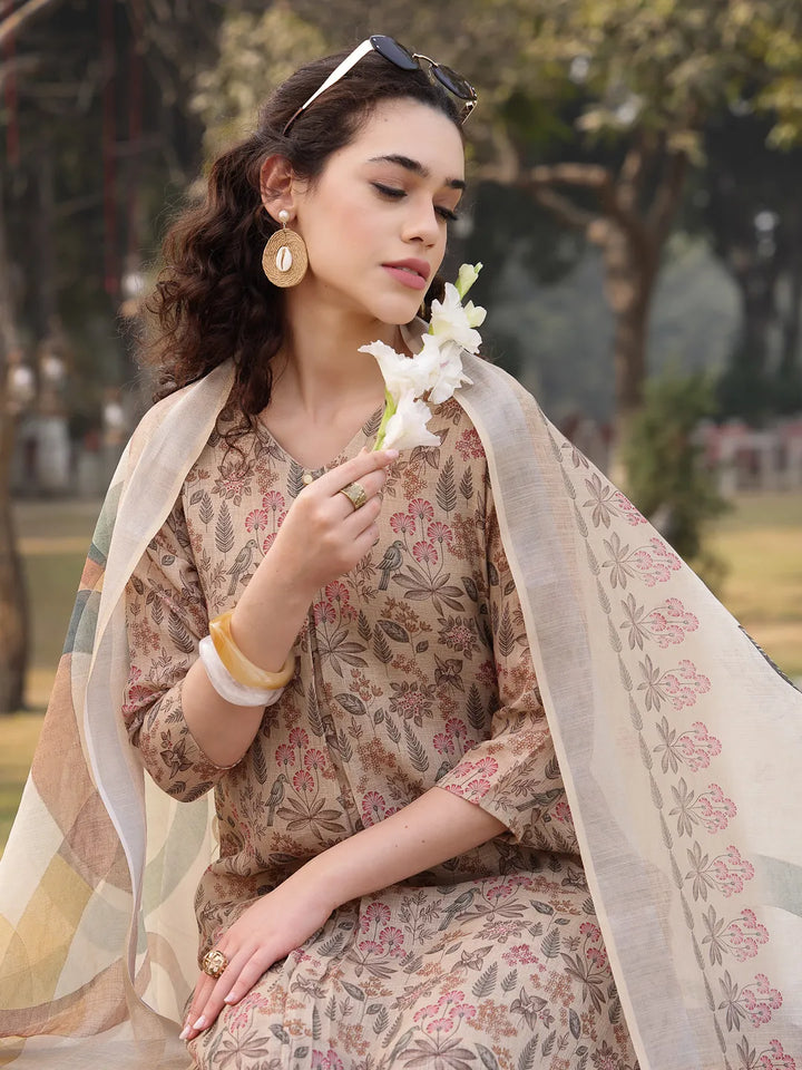 Beige Floral linen A Line Have A Lining Kurta Trouser Dupatta Set