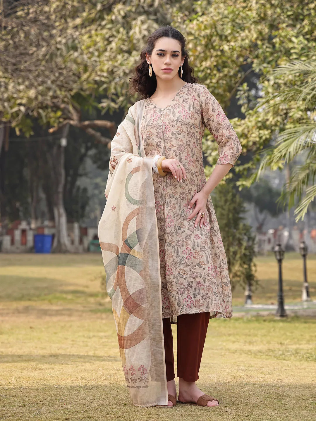 Beige Floral linen A Line Have A Lining Kurta Trouser Dupatta Set