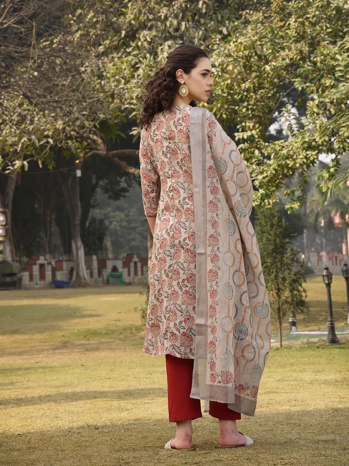 Beige Floral Print linen A Line Have A Lining Kurta Trouser Dupatta Set