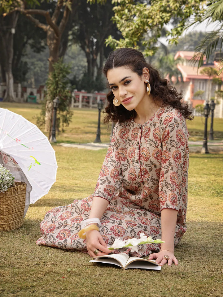Beige Floral Print linen A Line Have A Lining Kurta Trouser Dupatta Set