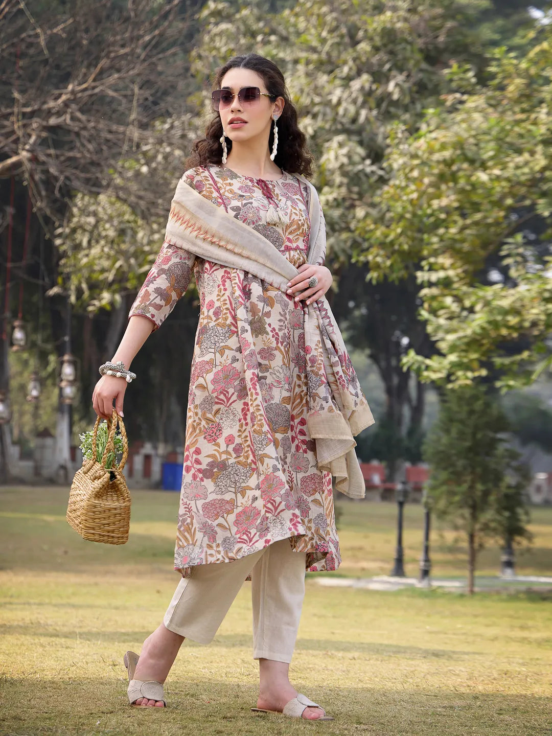 Beige linen A-Line Sequins Work Have A Lining Kurta Trouser Dupatta Set