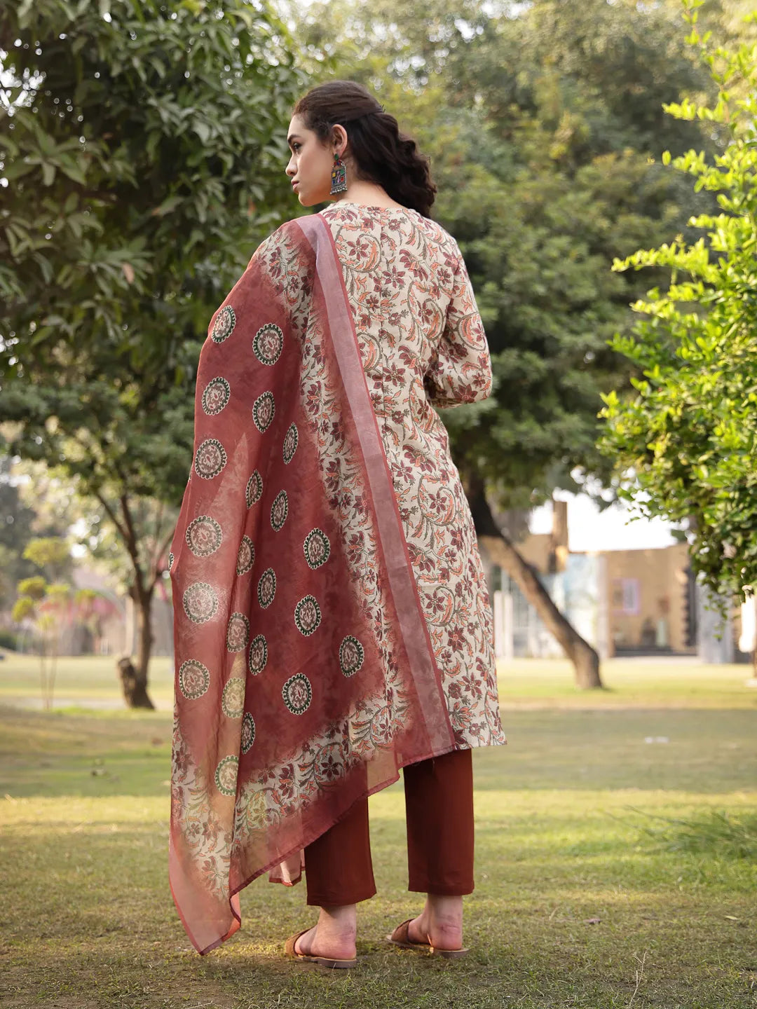 Beige Linen Floral Print Sequins-Work A-Line Show Button Kurta Trouser Dupatta Set