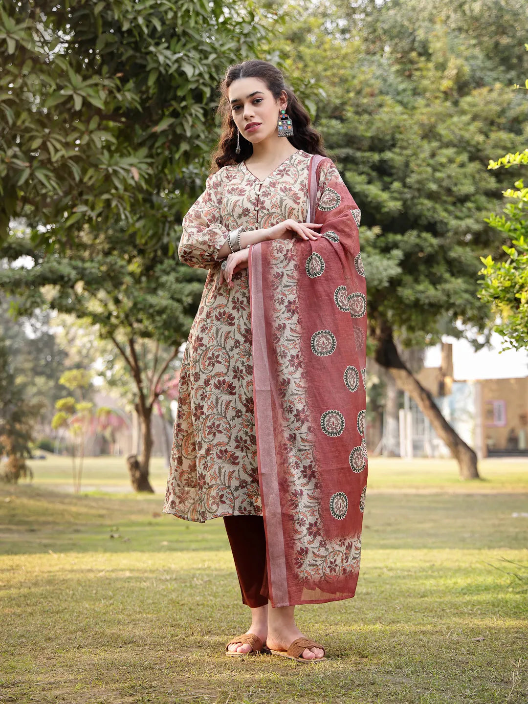 Beige Linen Floral Print Sequins-Work A-Line Show Button Kurta Trouser Dupatta Set
