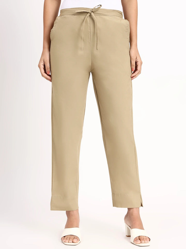 Beige Mid-Rise Ankle-Length Regular Fit Poplin Pants