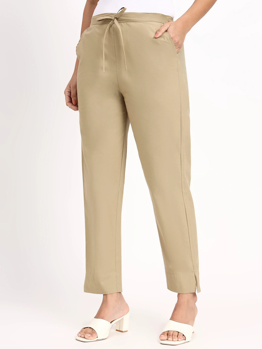 Beige Mid-Rise Ankle-Length Regular Fit Poplin Pants