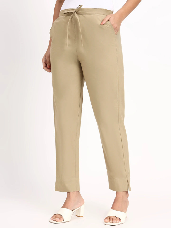Beige Mid-Rise Ankle-Length Regular Fit Poplin Pants