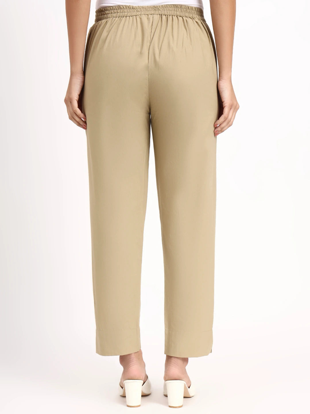 Beige Mid-Rise Ankle-Length Regular Fit Poplin Pants