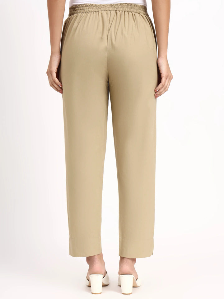 Beige Mid-Rise Ankle-Length Regular Fit Poplin Pants
