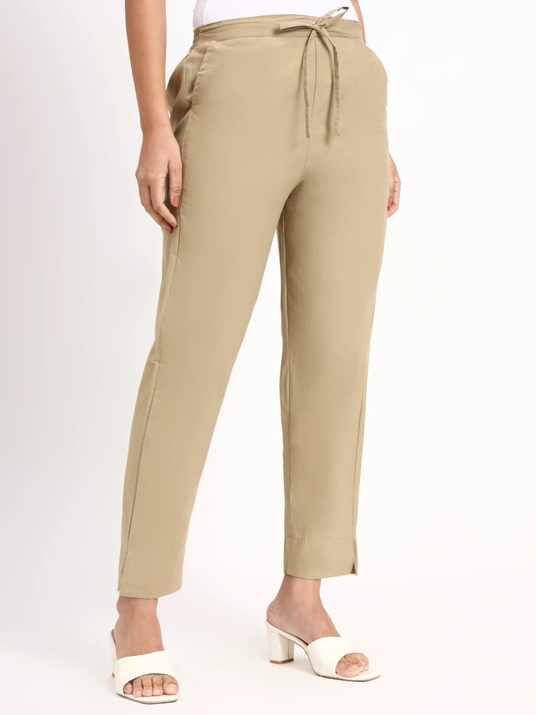 Beige Mid-Rise Ankle-Length Regular Fit Poplin Pants