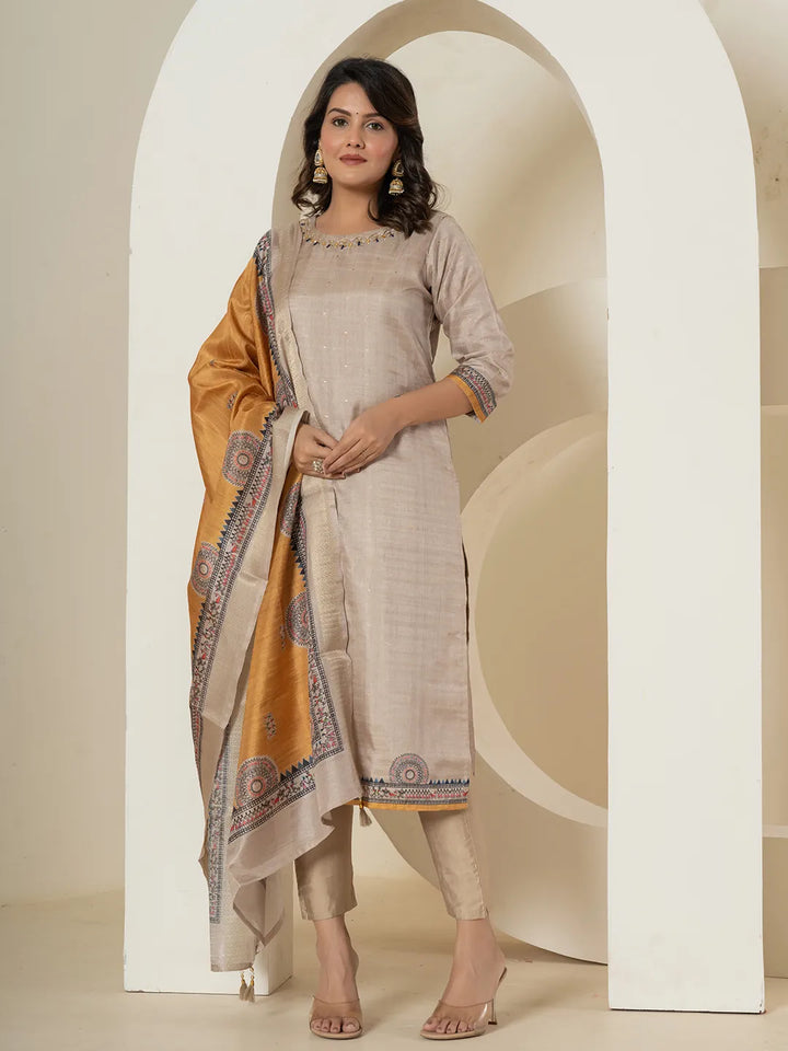 Beige Tussar Silk Cutdana_Work Kurta Dupatta Set-Yufta Store-7050SKDBGS