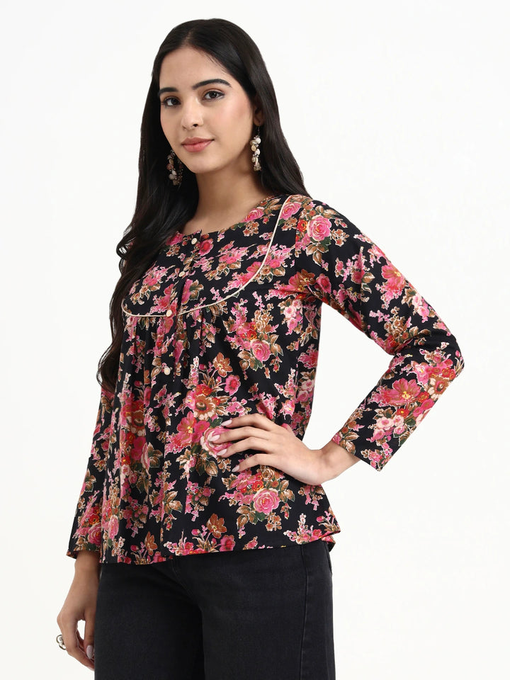 Black And Pink Cotton Flare Top