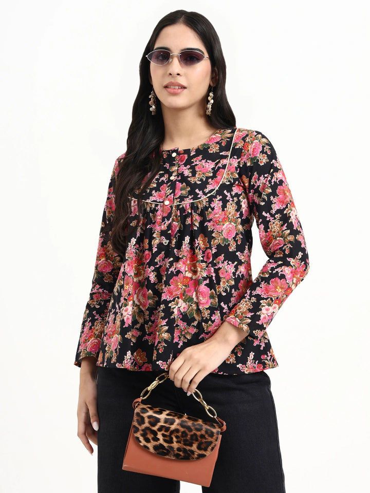 Black And Pink Cotton Flare Top