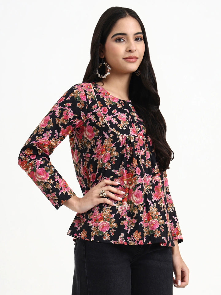 Black And Pink Cotton Flare Top