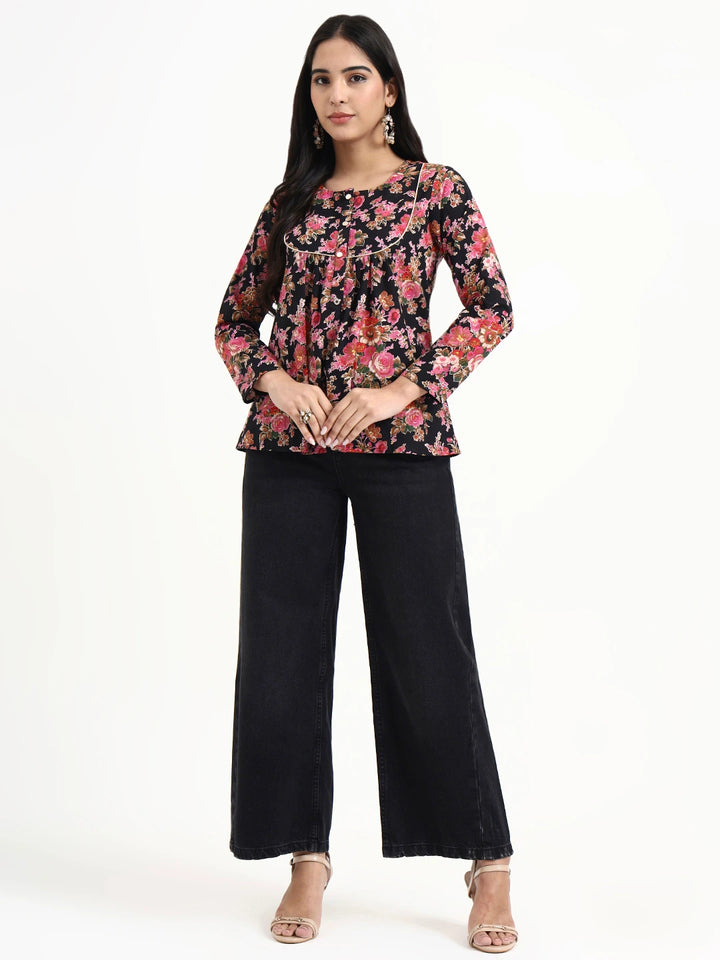 Black And Pink Cotton Flare Top