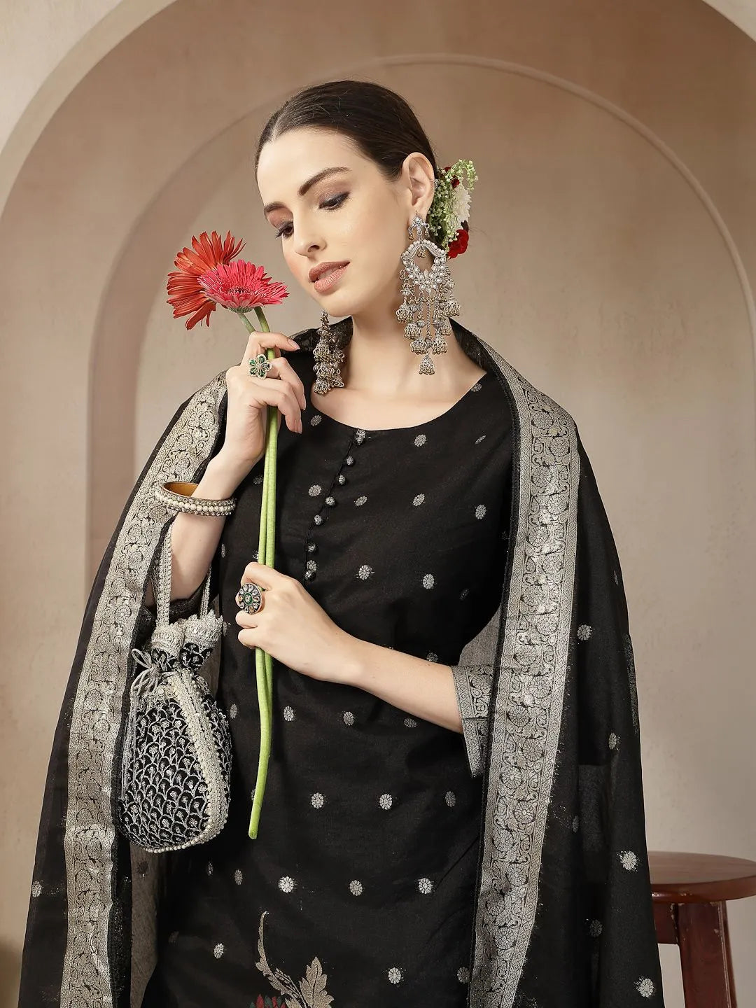 Black Chanderi Silk Floral Straight Kurta Trouser Dupatta Set