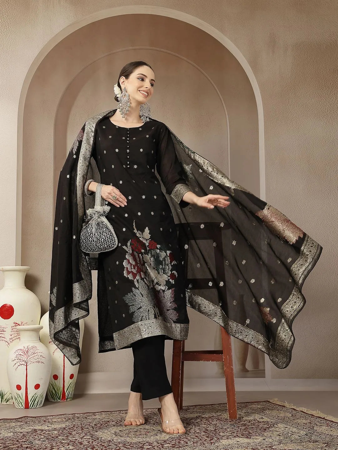 Black Chanderi Silk Floral Straight Kurta Trouser Dupatta Set