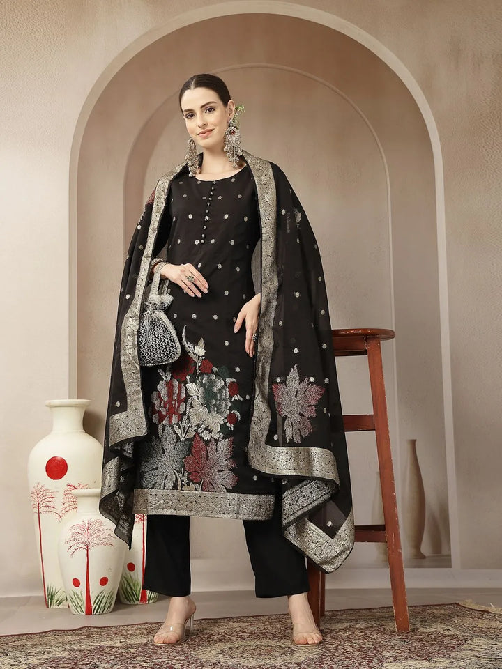 Black Chanderi Silk Floral Straight Kurta Trouser Dupatta Set
