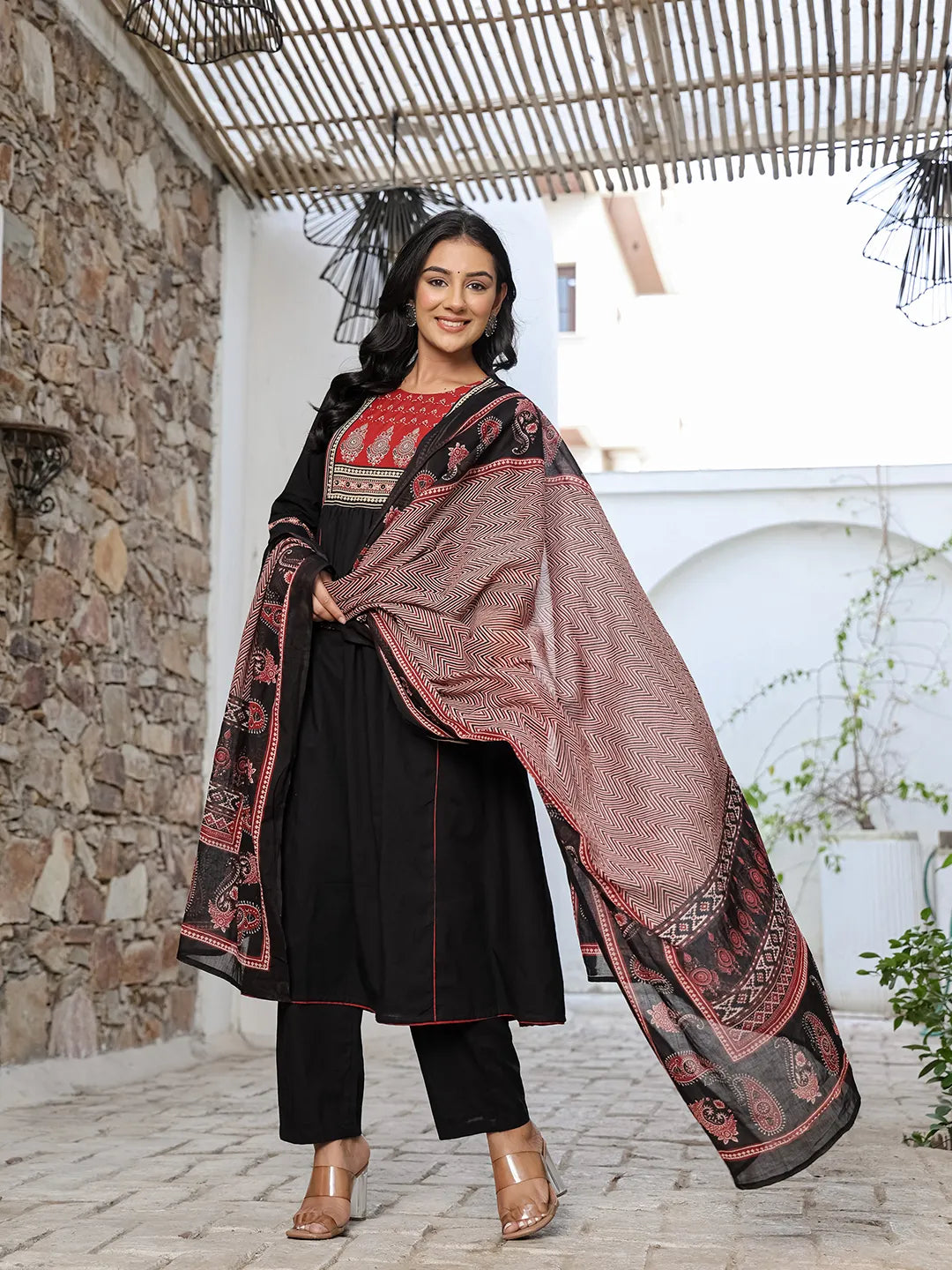 Black Cotton A Line Gathered Or Pleated Kurta Dupatta Set-Yufta Store-6500SKDBKM