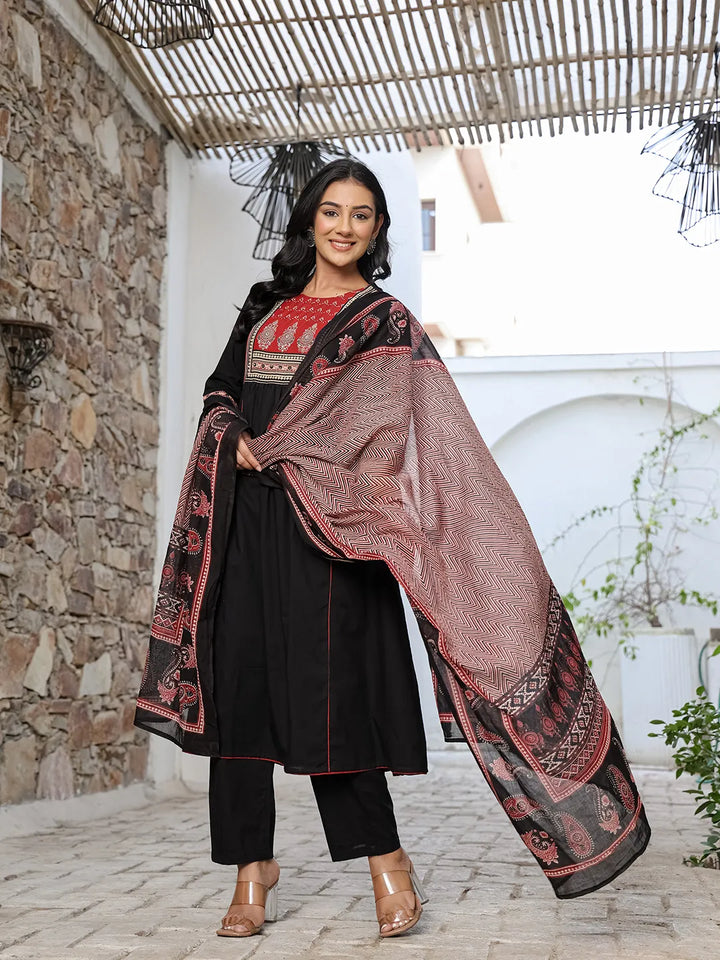 Black Cotton A Line Gathered Or Pleated Kurta Dupatta Set-Yufta Store-6500SKDBKM