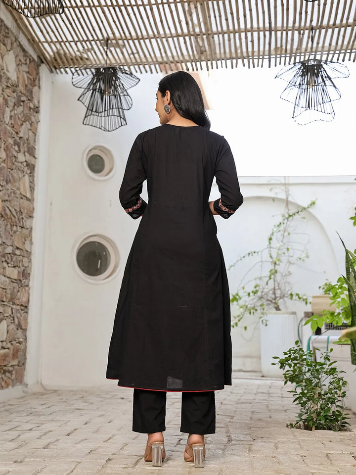 Black Cotton A Line Gathered Or Pleated Kurta Dupatta Set-Yufta Store-6500SKDBKM