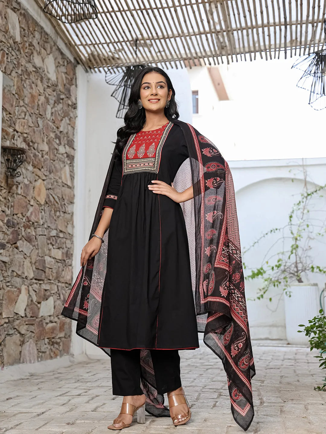 Black Cotton A Line Gathered Or Pleated Kurta Dupatta Set-Yufta Store-6500SKDBKM
