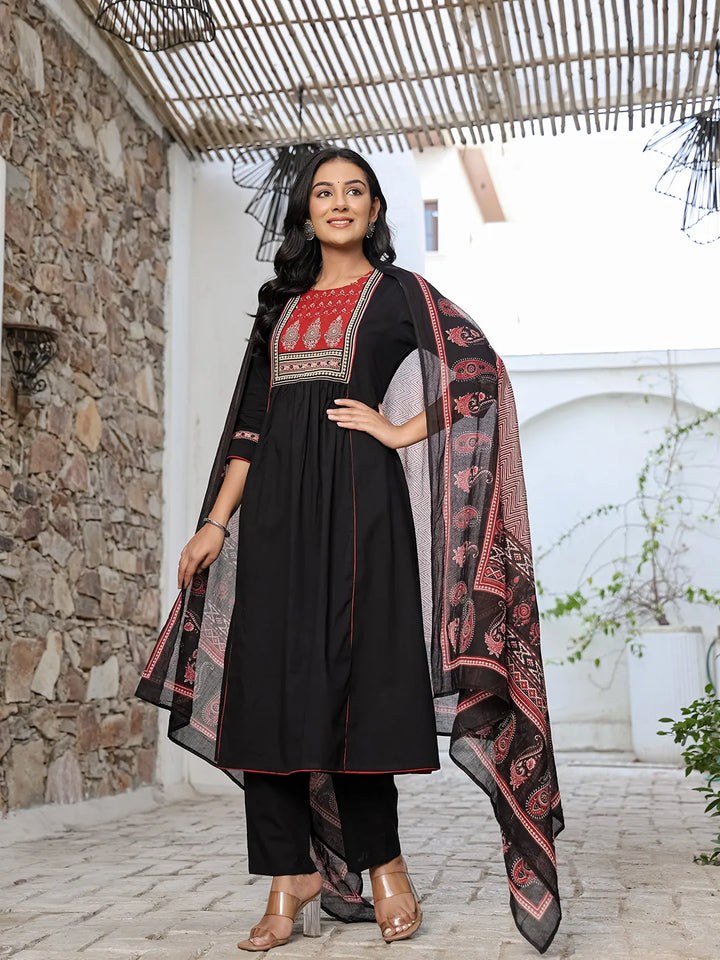 Black Cotton A Line Gathered Or Pleated Kurta Dupatta Set-Yufta Store-6500SKDBKM