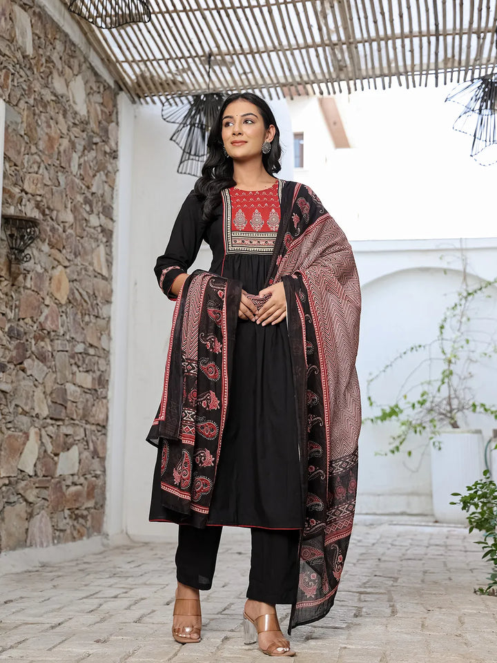 Black Cotton A Line Gathered Or Pleated Kurta Dupatta Set-Yufta Store-6500SKDBKM